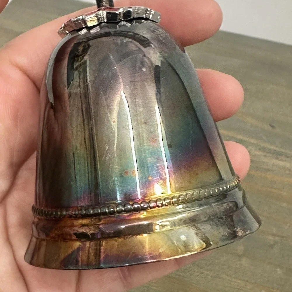 Vintage Wallace Silver‎ Plated Christmas Bell Ornament Enamel Poinsettias 1973